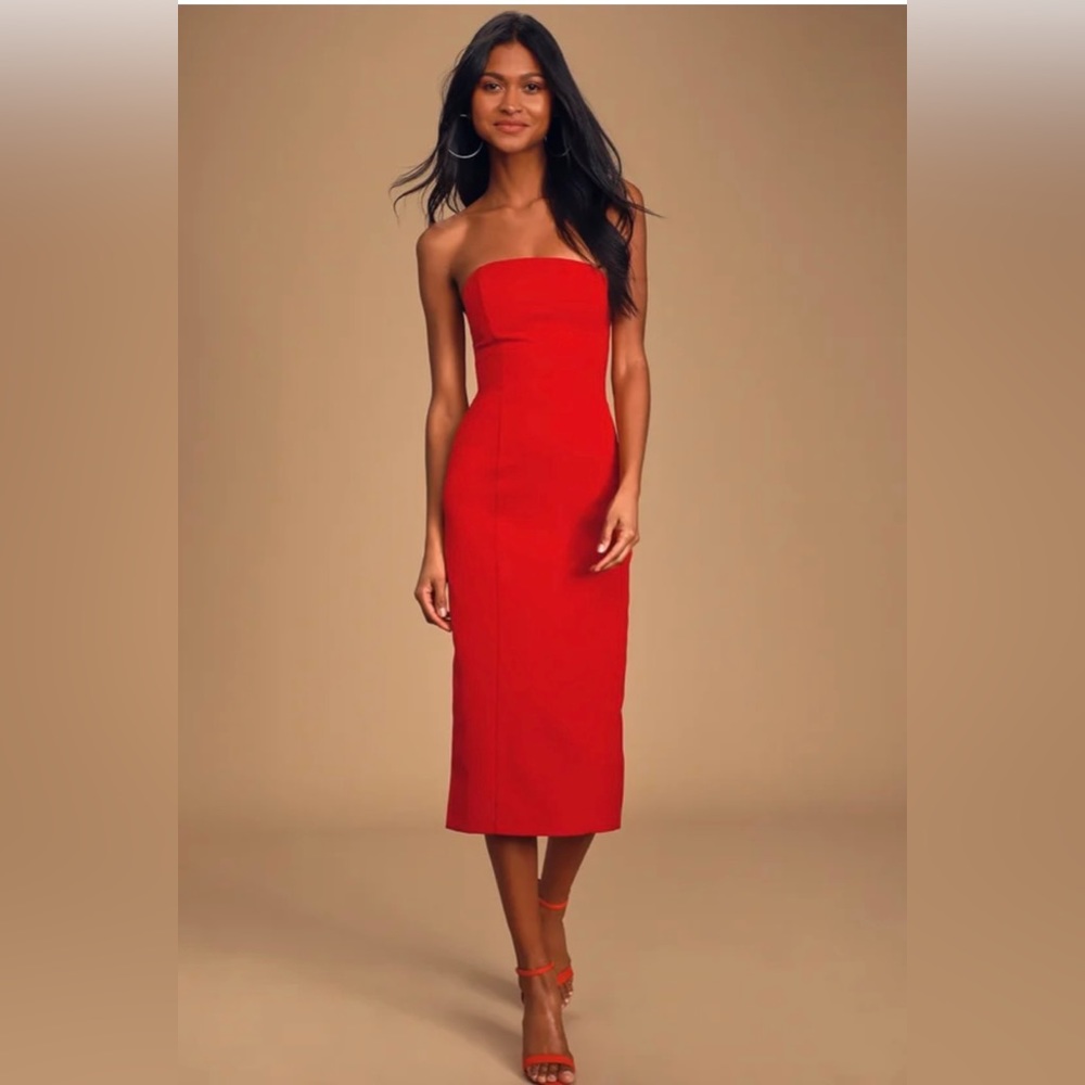 Isn't It Iconic Red Strapless Bodycon Midi Dress